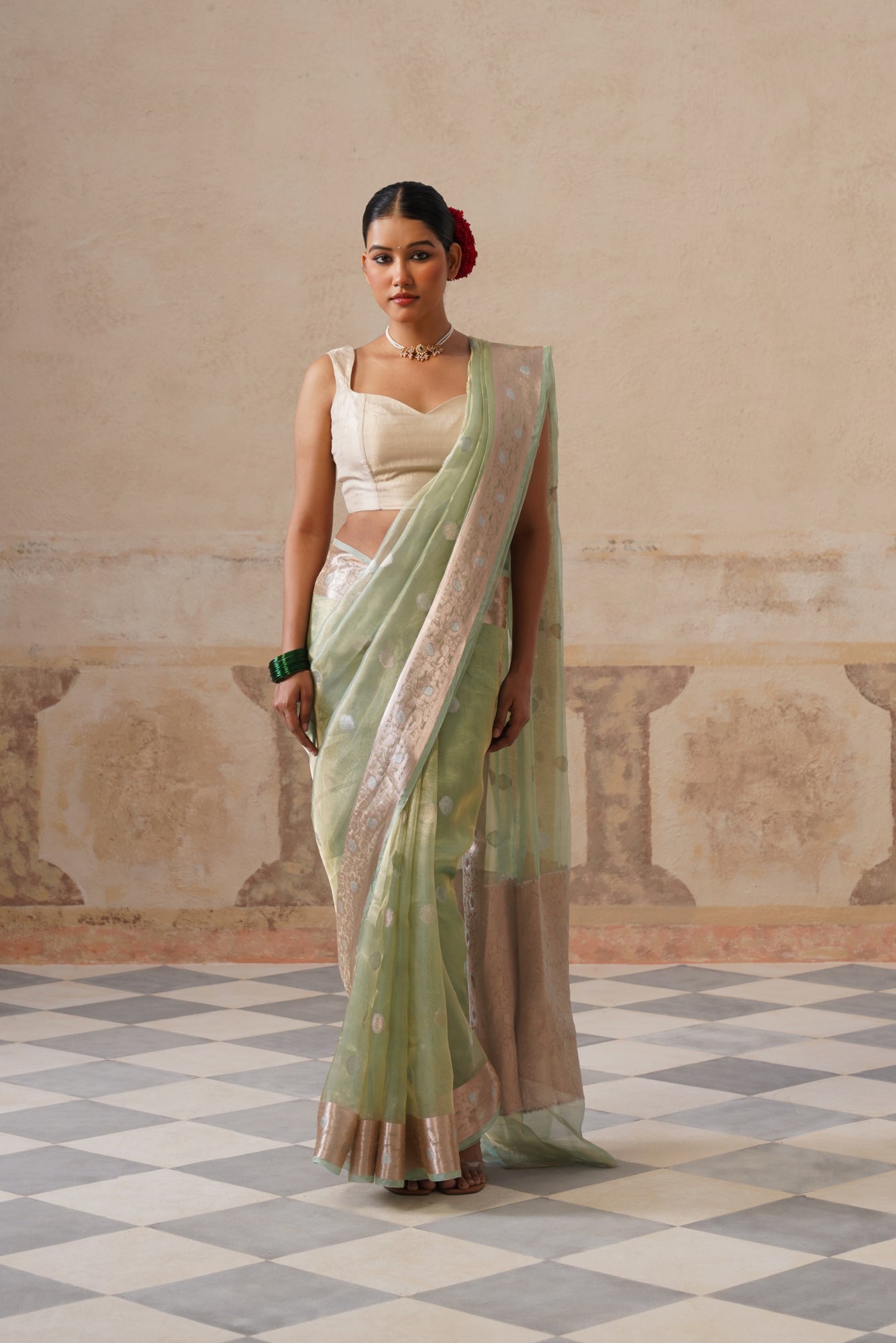 Turqoise Silk Tissue Buti Saree
