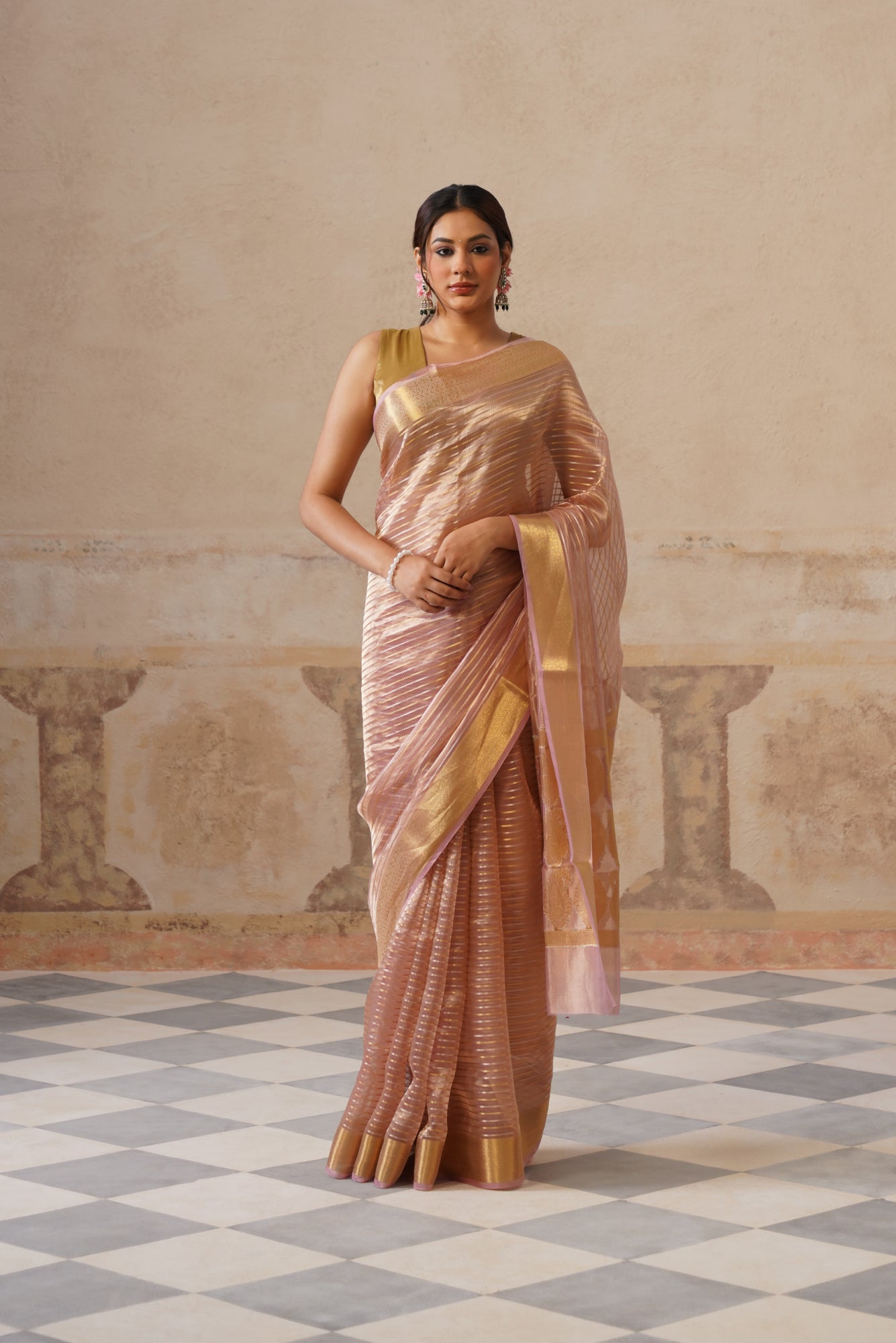 Peach Silk Tissue Stripes Saree