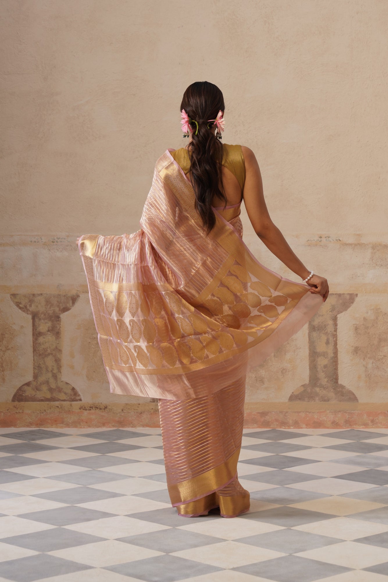 Peach Silk Tissue Stripes Saree