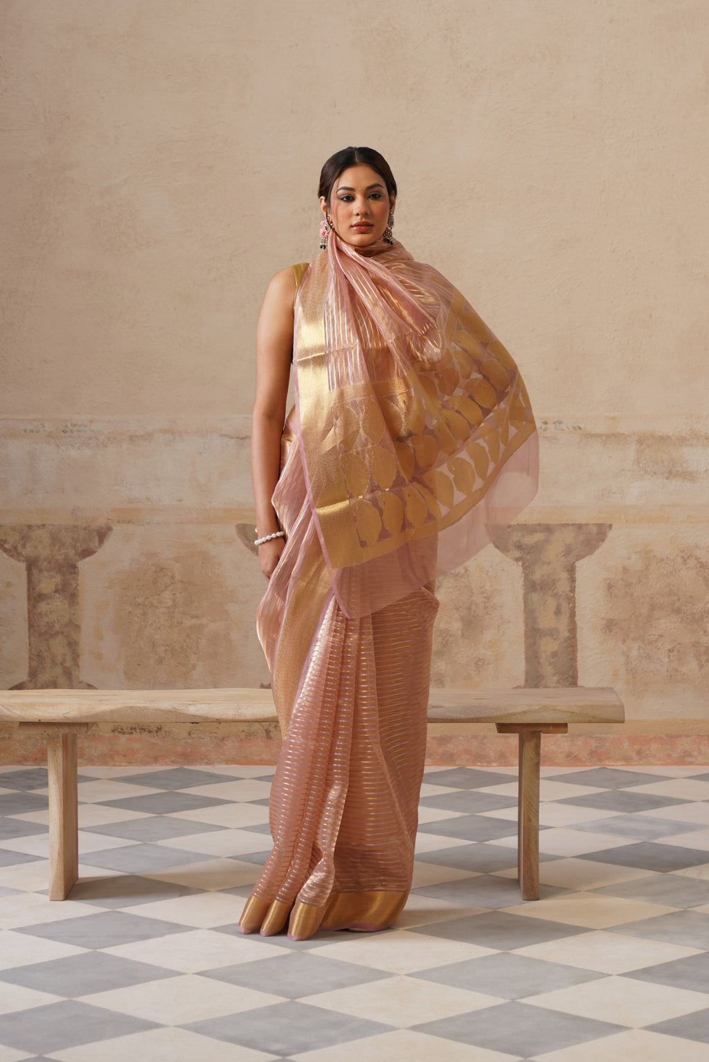 Peach Silk Tissue Stripes Saree