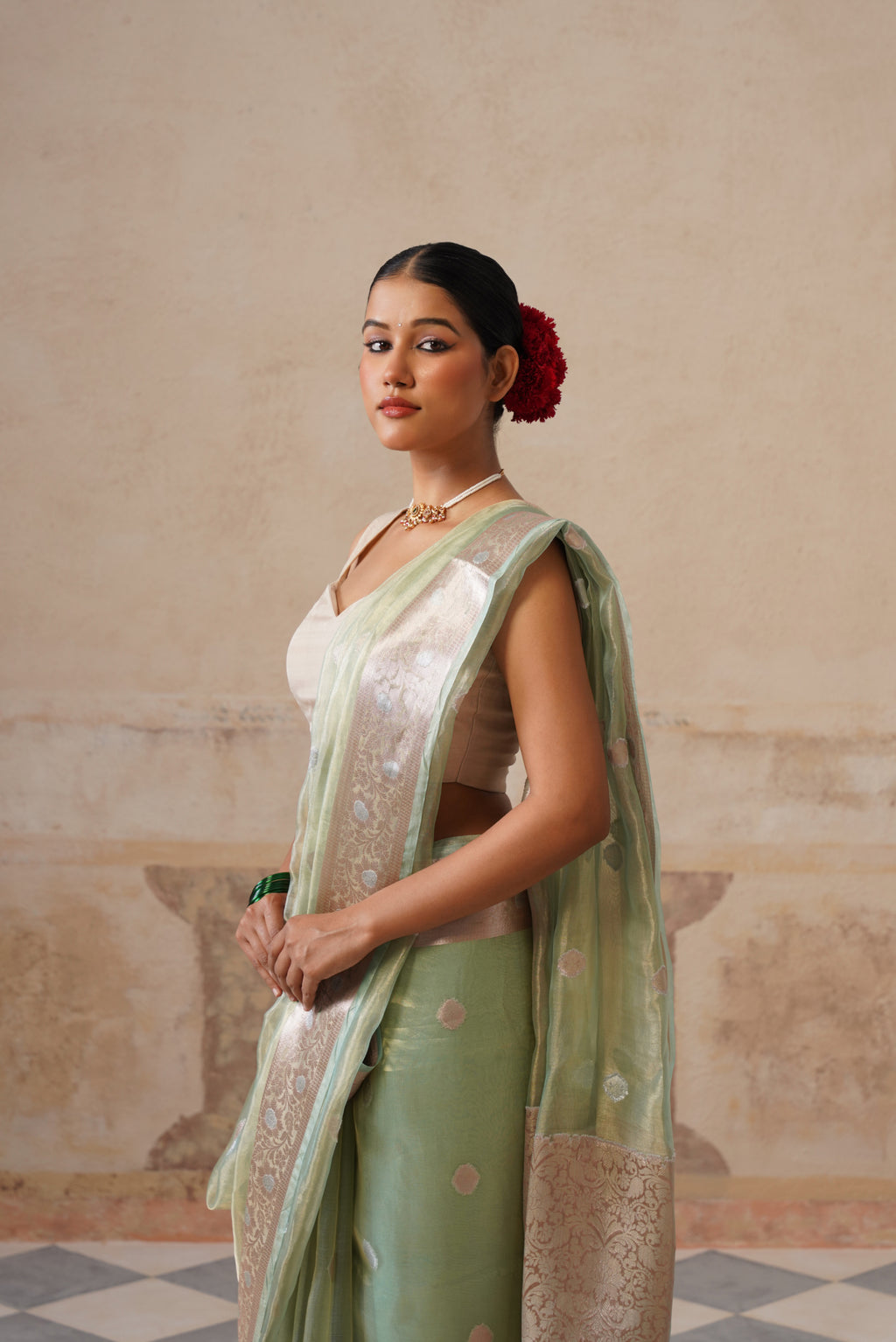 Turqoise Silk Tissue Buti Saree