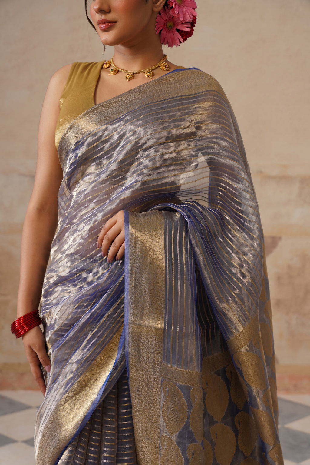 Navy Blue Silk Tissue Stripes Saree