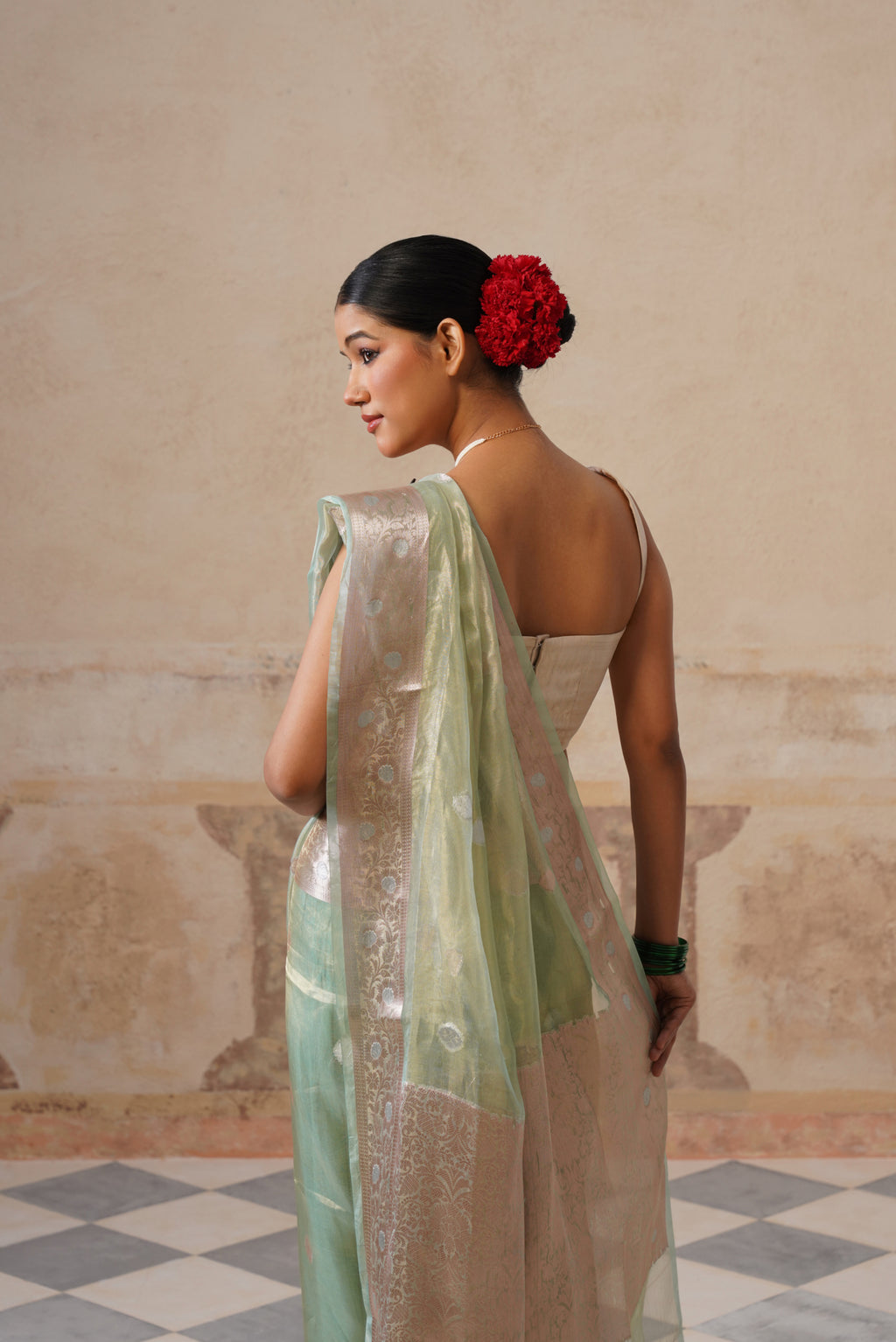 Turqoise Silk Tissue Buti Saree