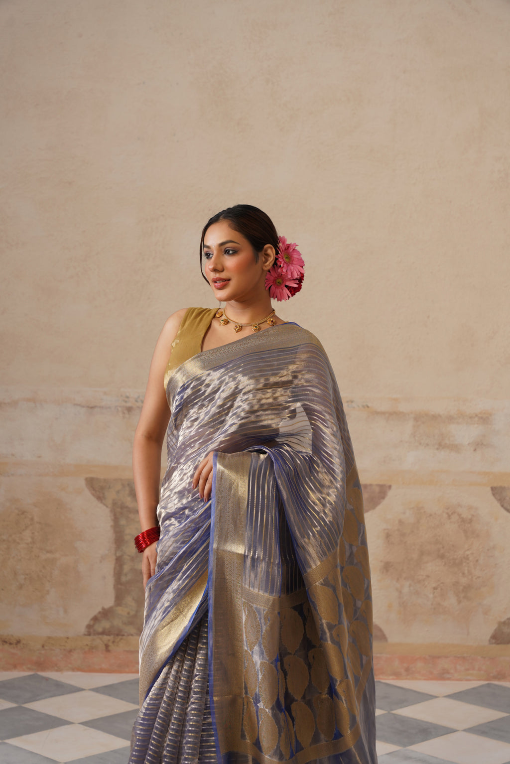 Navy Blue Silk Tissue Stripes Saree