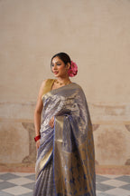 Navy Blue Silk Tissue Stripes Saree