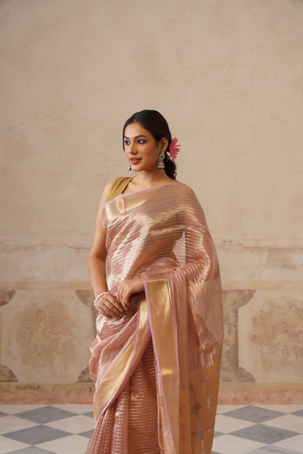 Peach Silk Tissue Stripes Saree