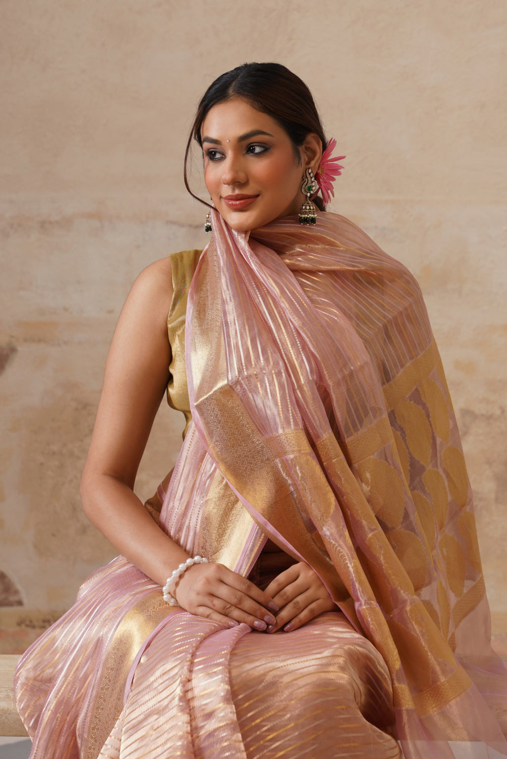Peach Silk Tissue Stripes Saree