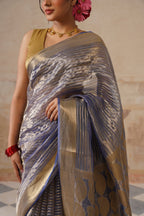 Navy Blue Silk Tissue Stripes Saree