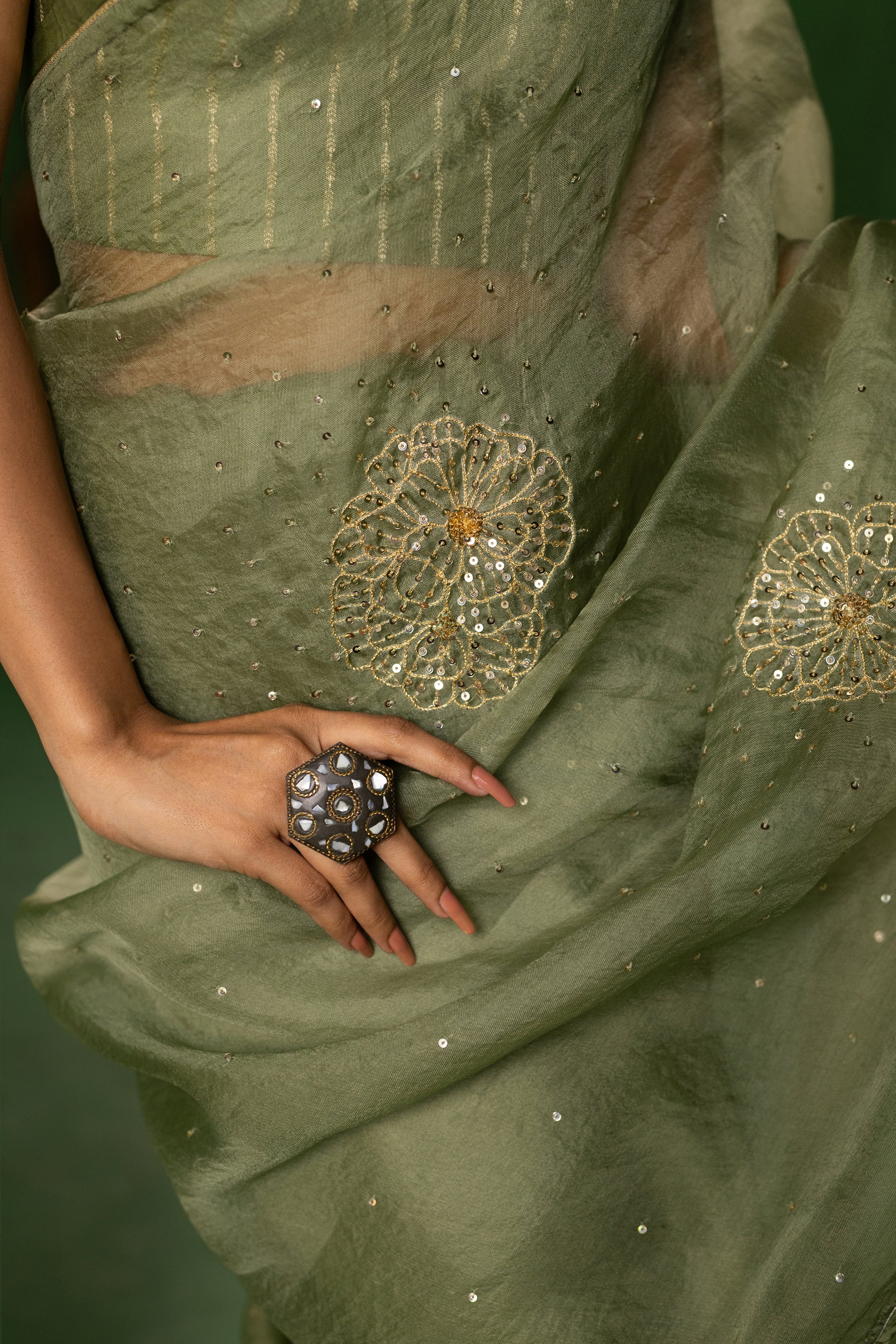 Sage Green Peony Organza Saree