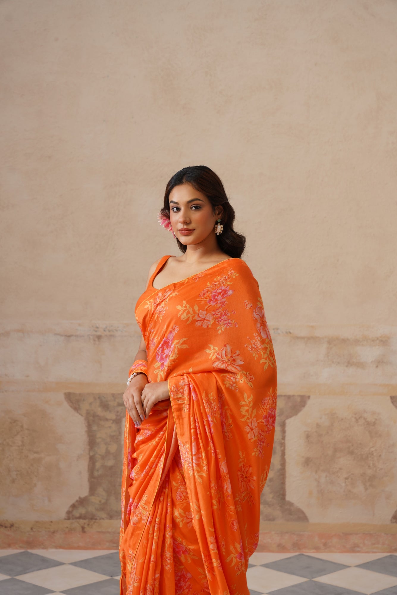 Fiona Orange Modal Silk Printed Saree