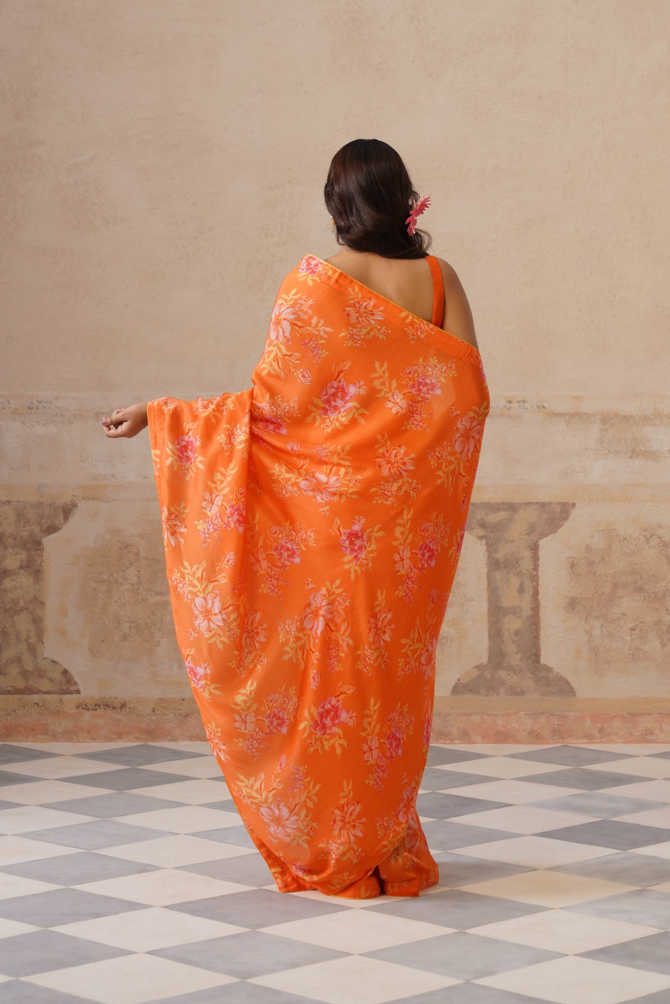 Fiona Orange Modal Silk Printed Saree