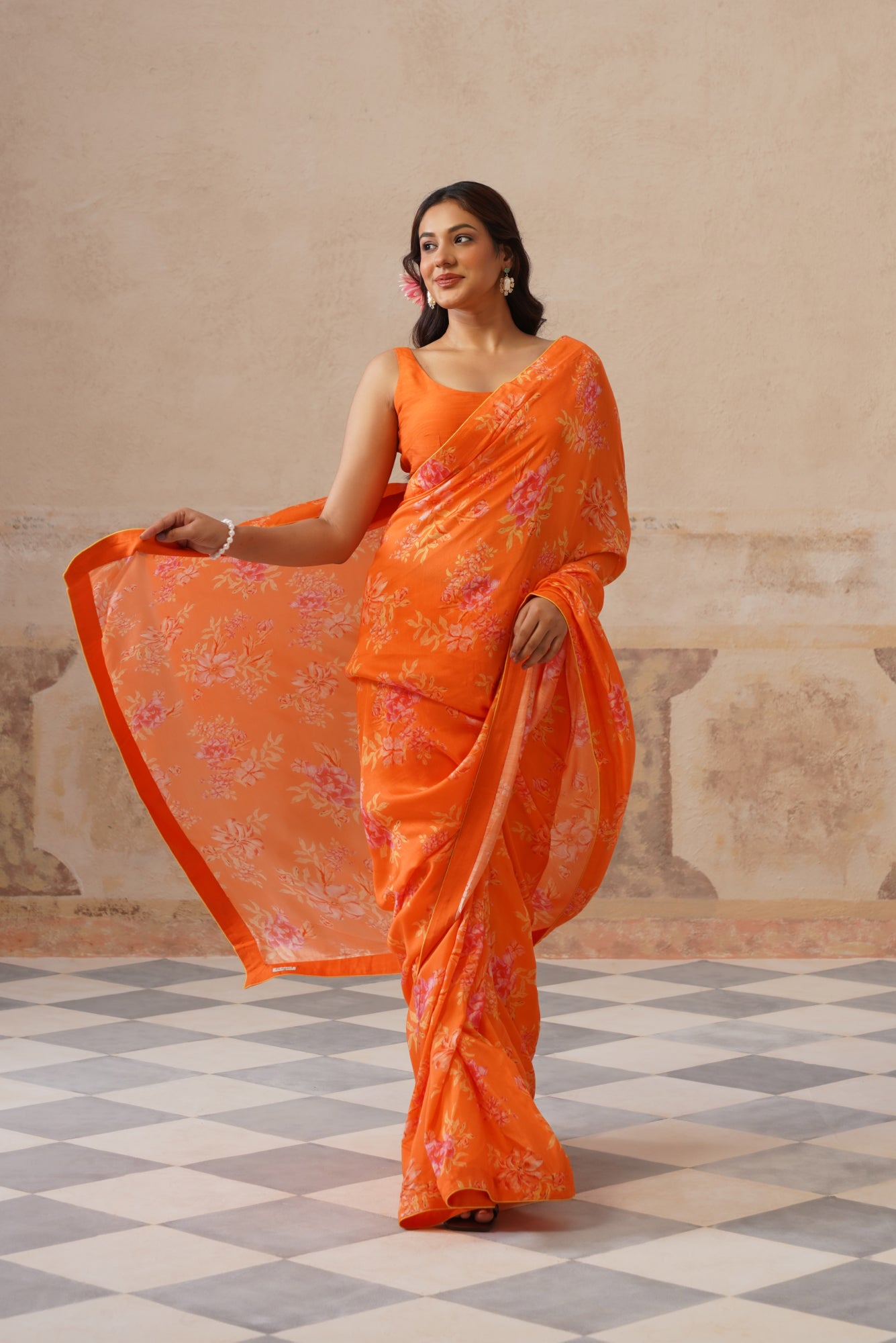 Fiona Orange Modal Silk Printed Saree