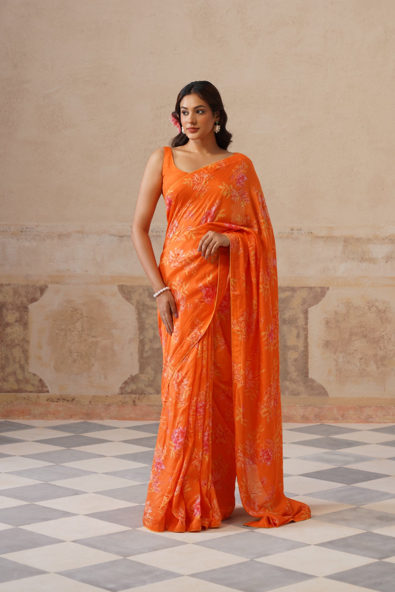 Fiona Orange Modal Silk Printed Saree