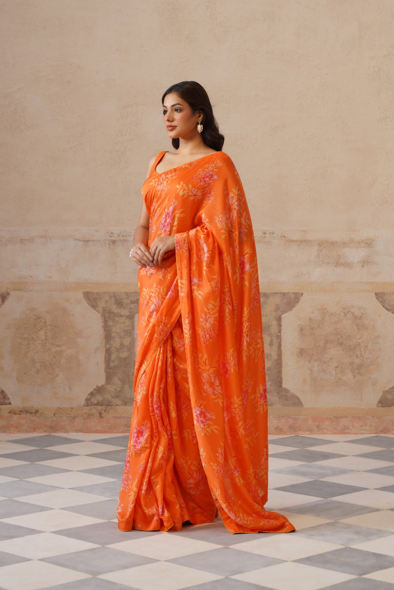 Fiona Orange Modal Silk Printed Saree