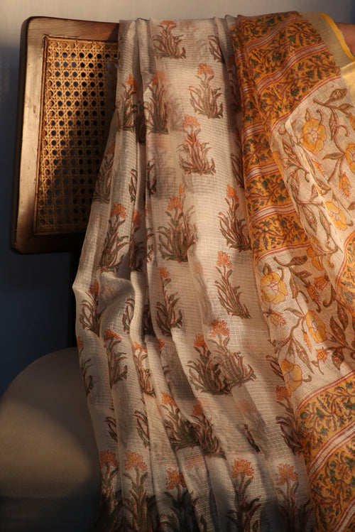 Block Print Yellow Kota Silk Saree
