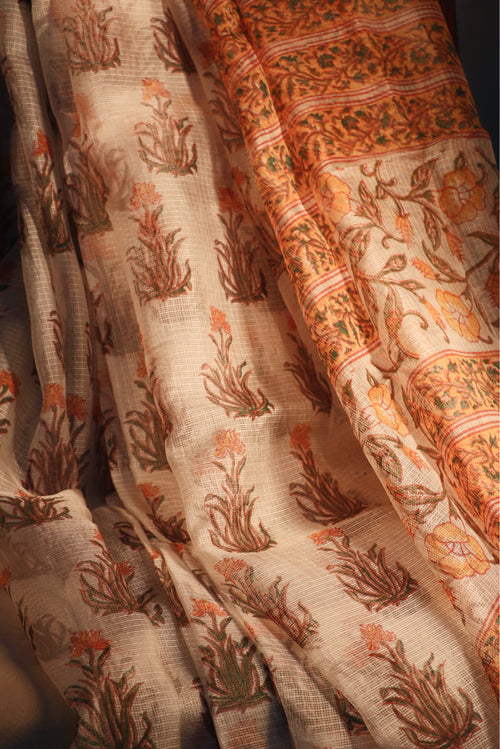 Block Print Yellow Kota Silk Saree