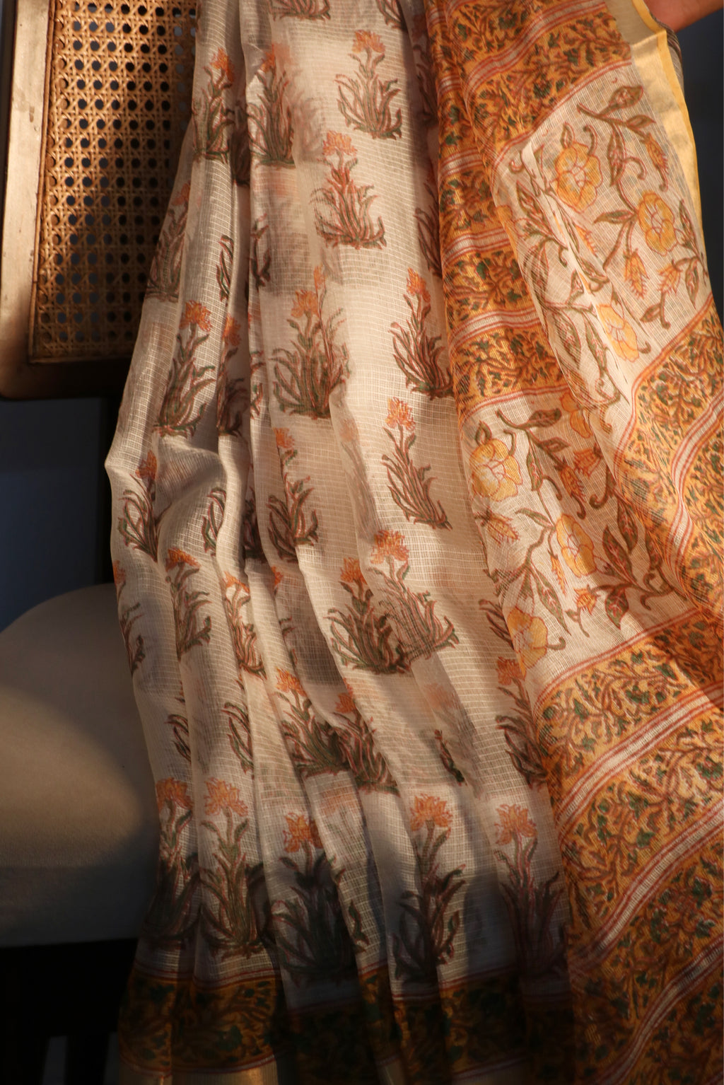 Block Print Yellow Kota Silk Saree