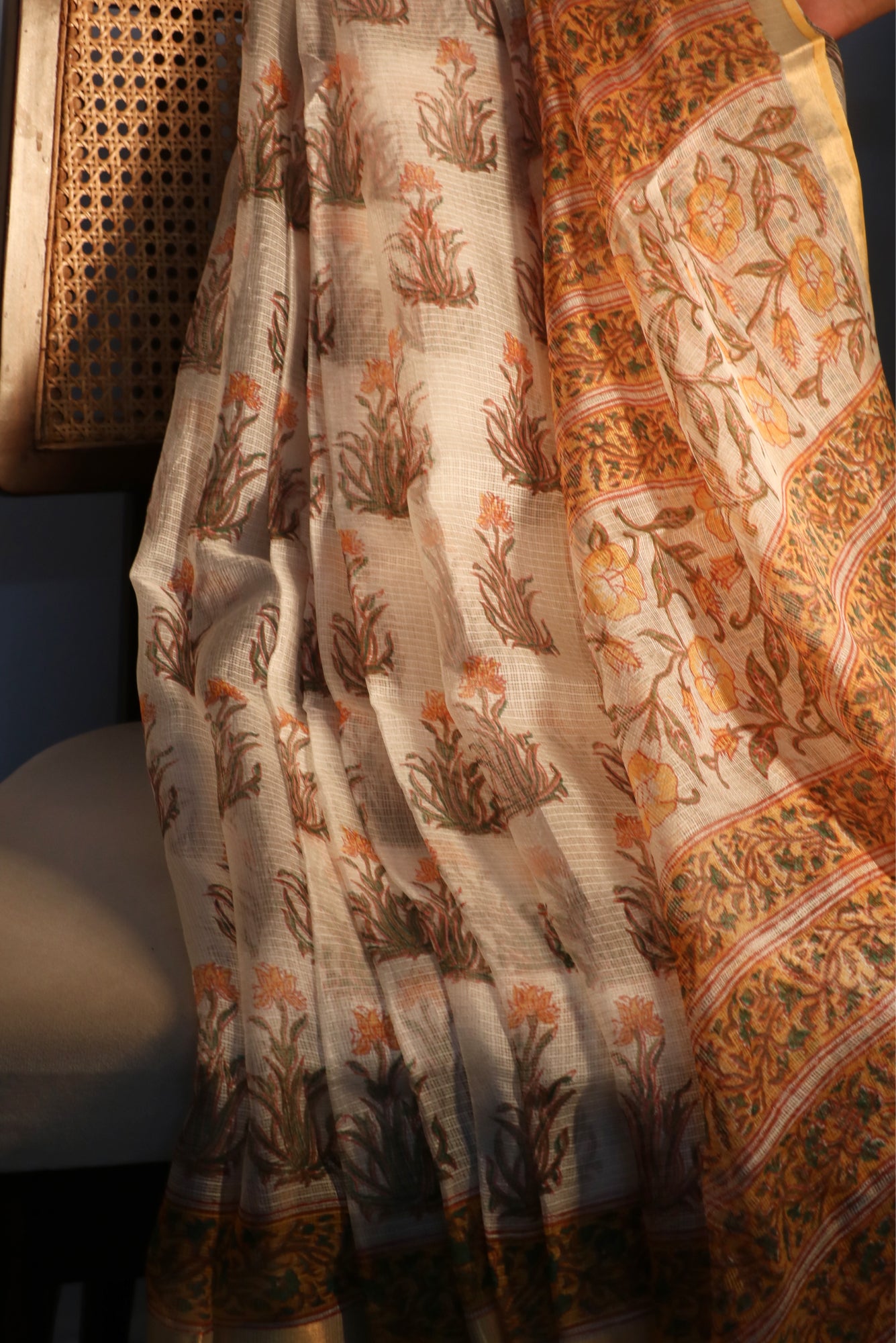 Block Print Yellow Kota Silk Saree