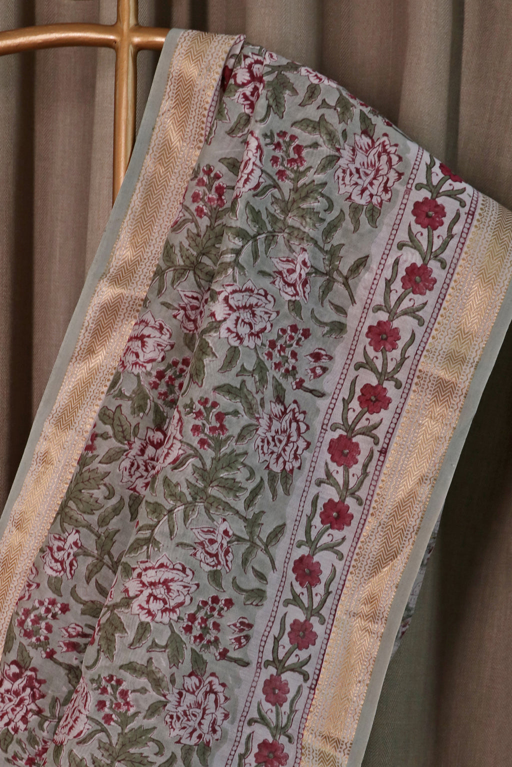 Green Block Print Jaal Chanderi Saree