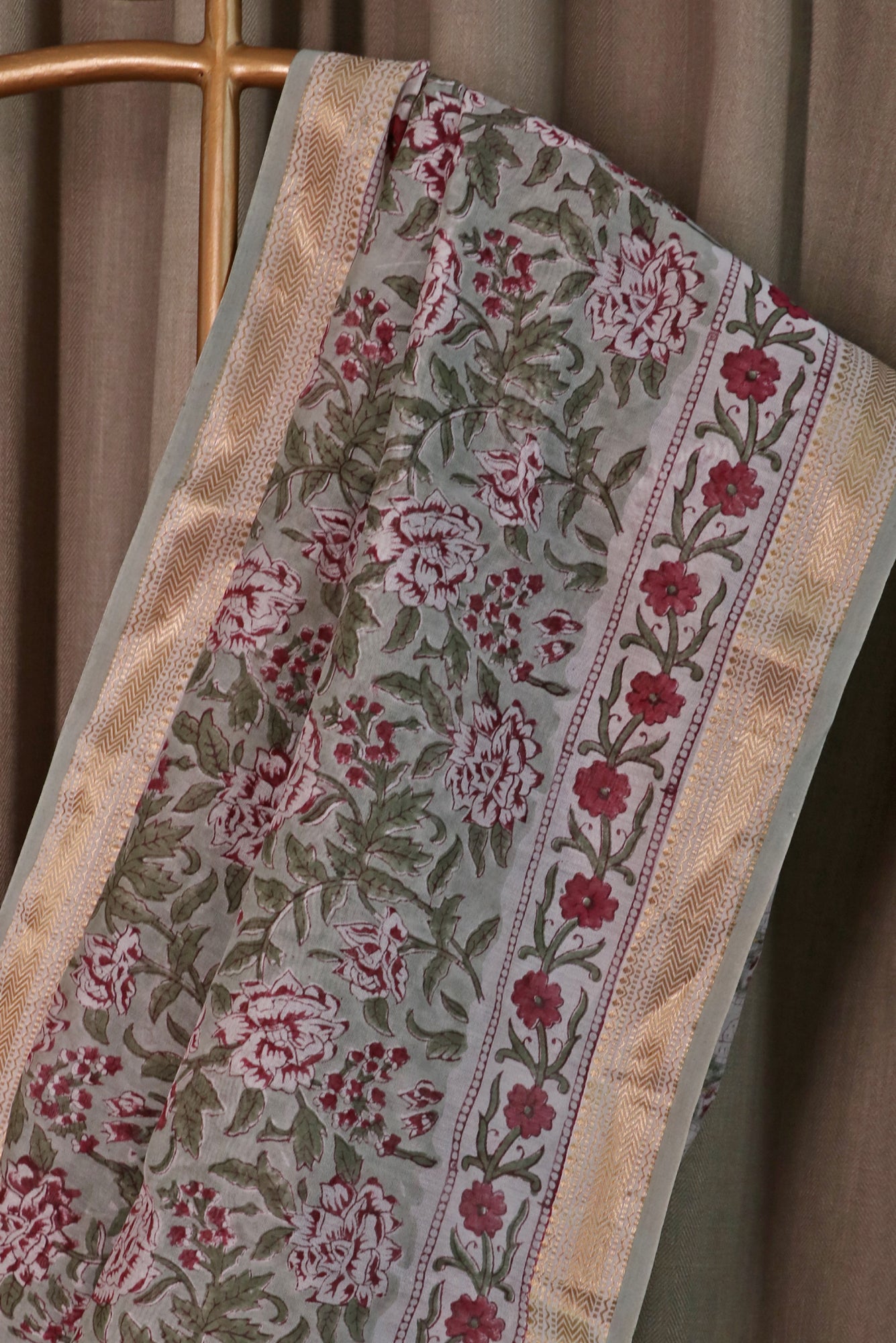 Green Block Print Jaal Chanderi Saree