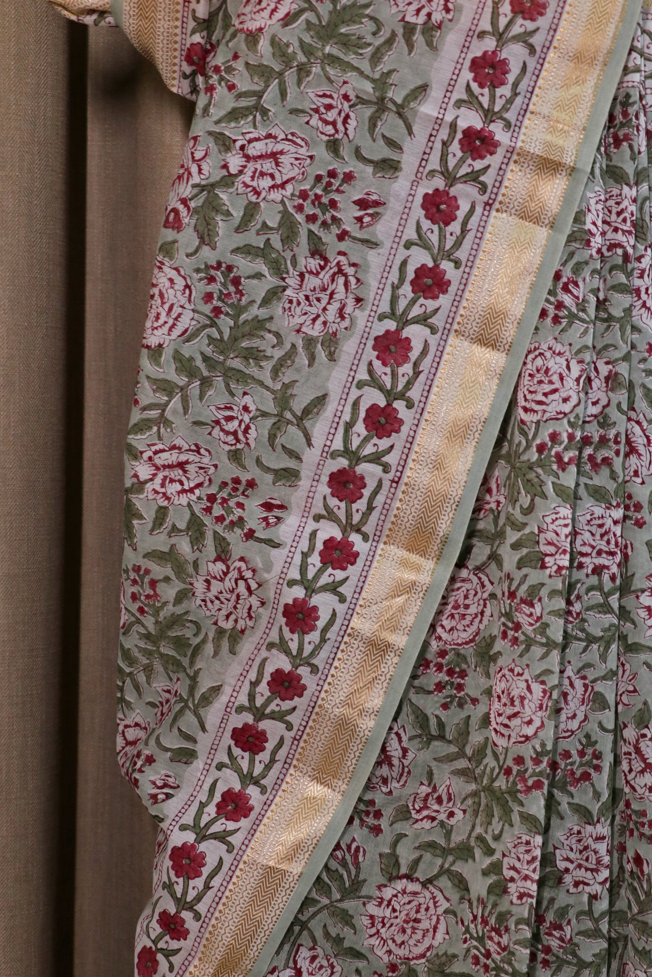 Green Block Print Jaal Chanderi Saree