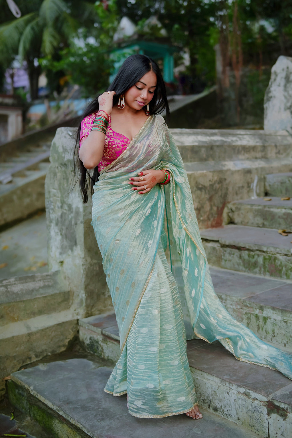 Ice Blue Silk Jacquard Tissue Saree
