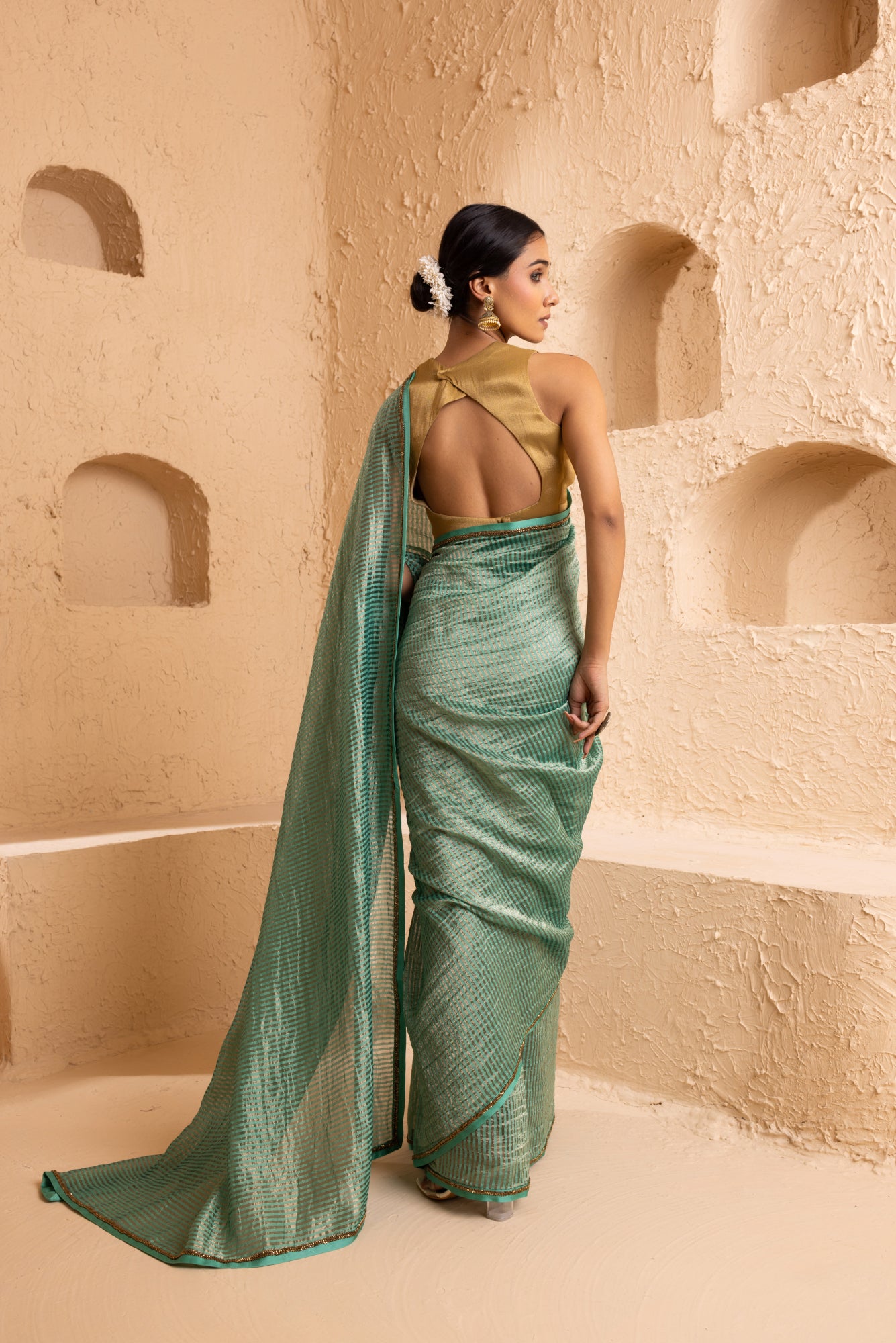 Jade Mint Pure Zari Stripes Saree