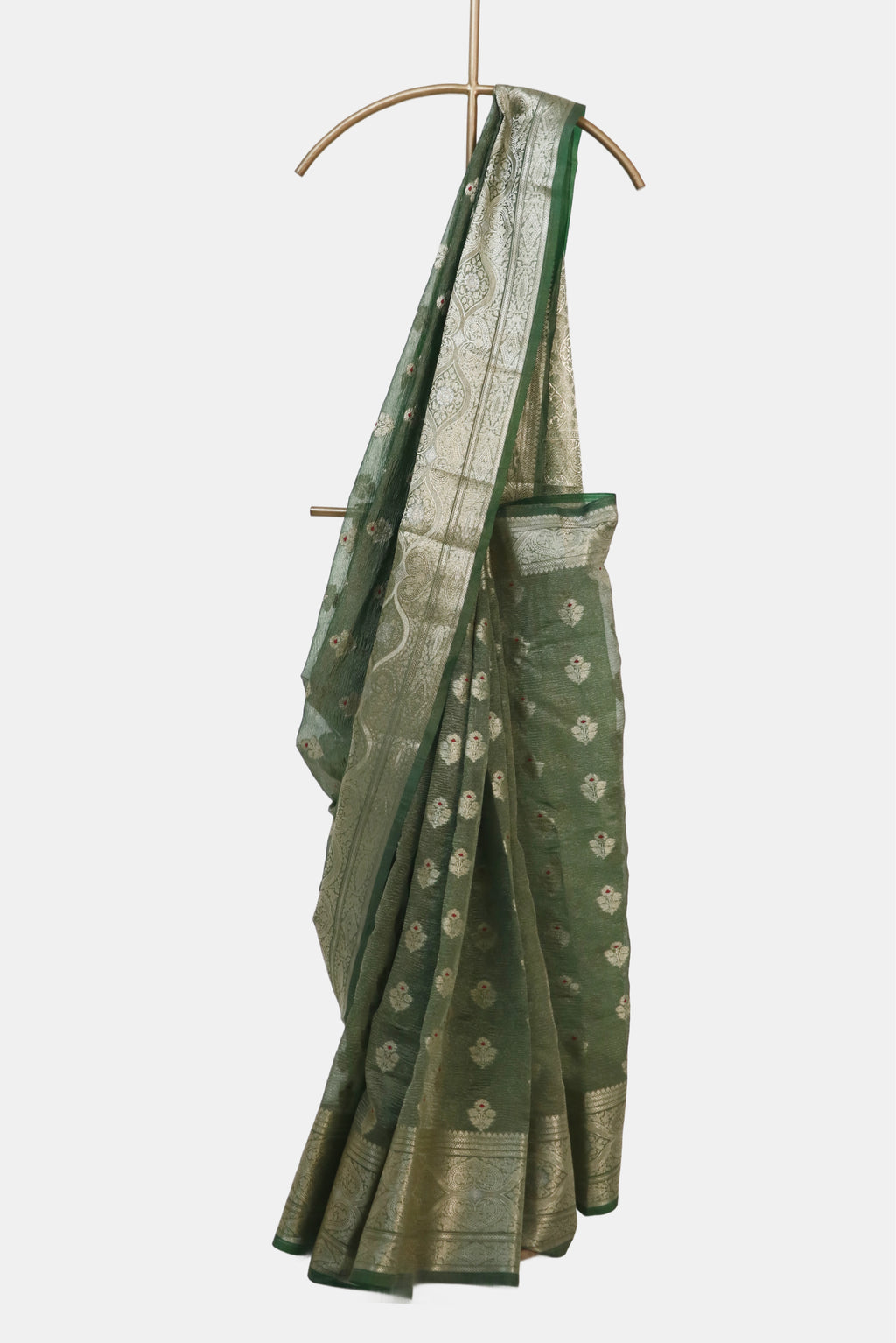 Forest Green Crushed Tissue Buti Saree