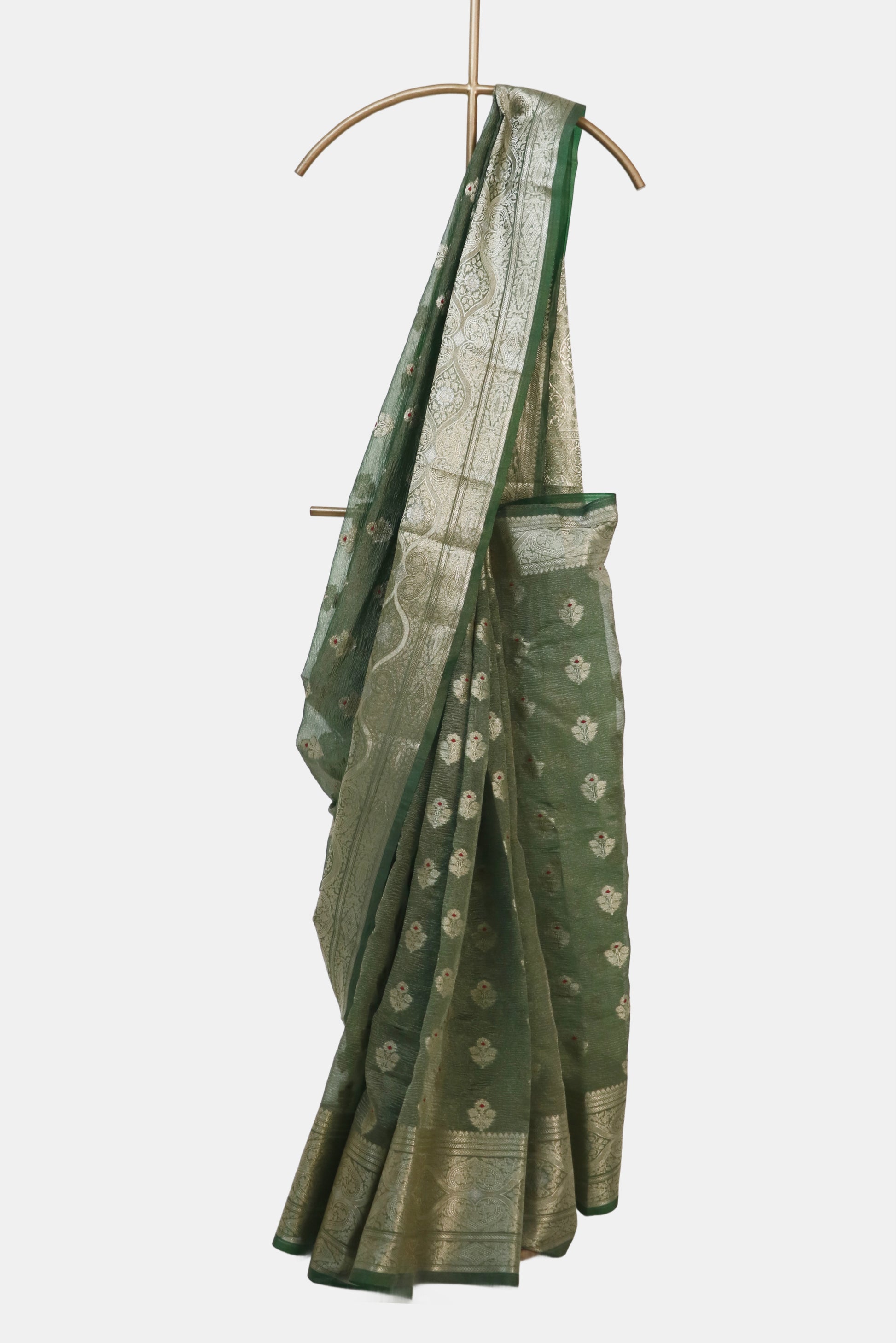 Forest Green Crushed Tissue Buti Saree