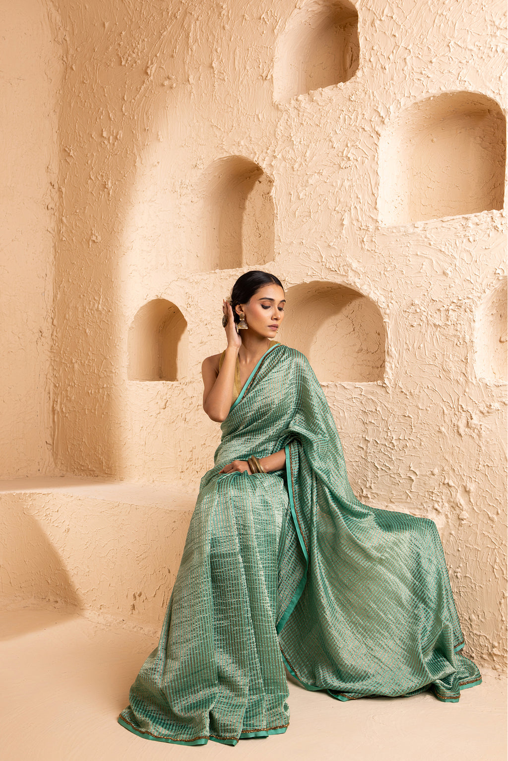 Jade Mint Pure Zari Stripes Saree