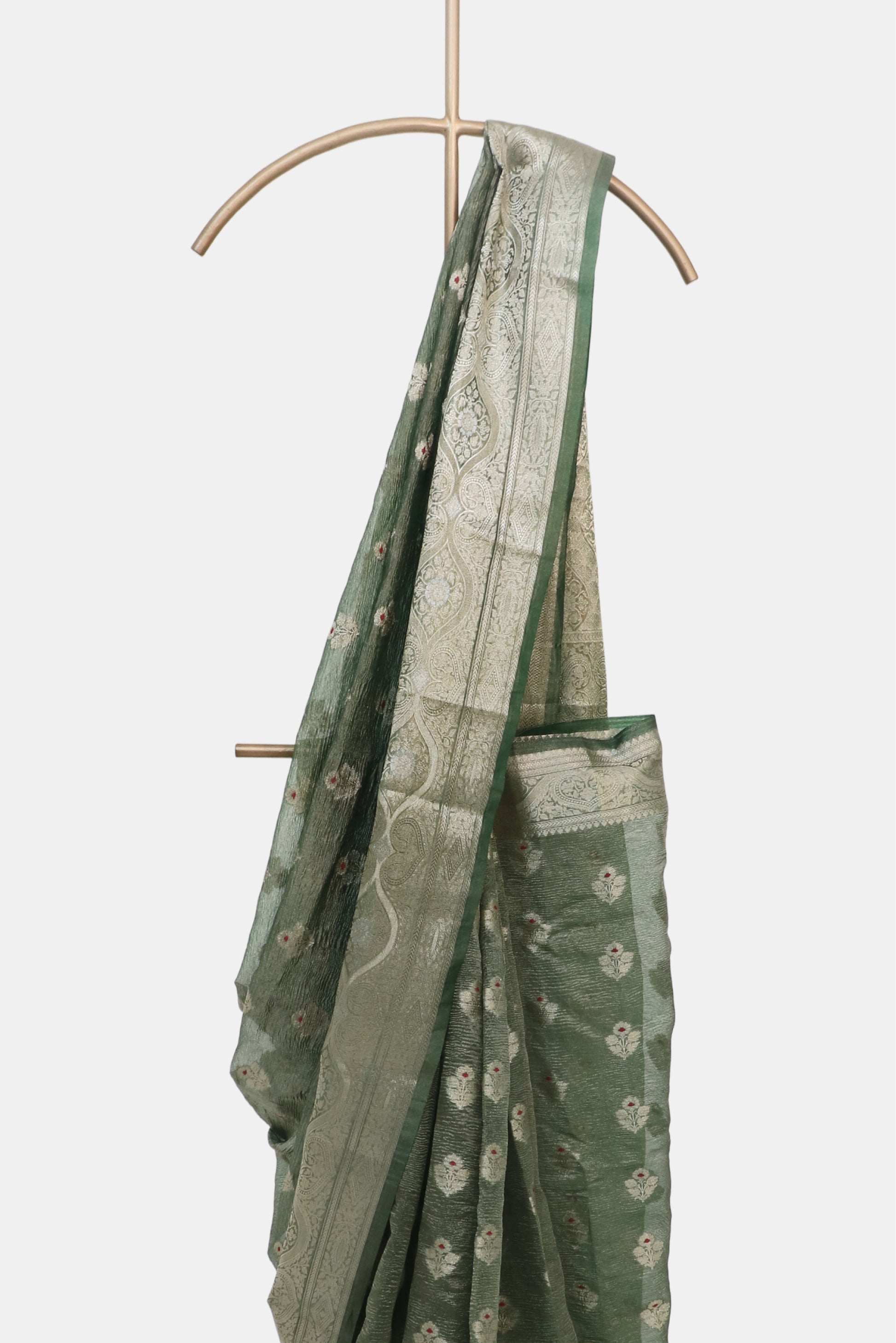 Forest Green Crushed Tissue Buti Saree