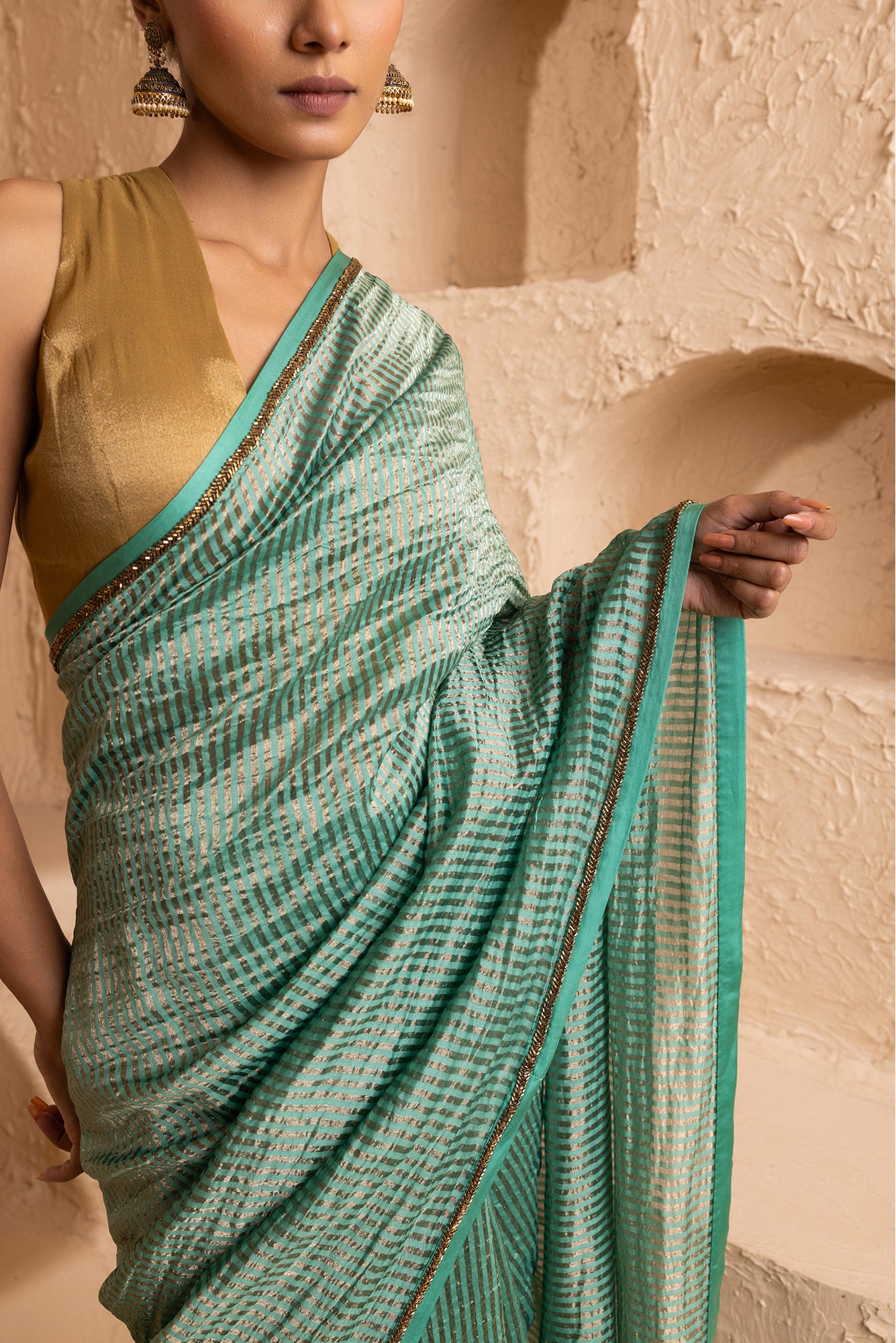 Jade Mint Pure Zari Stripes Saree