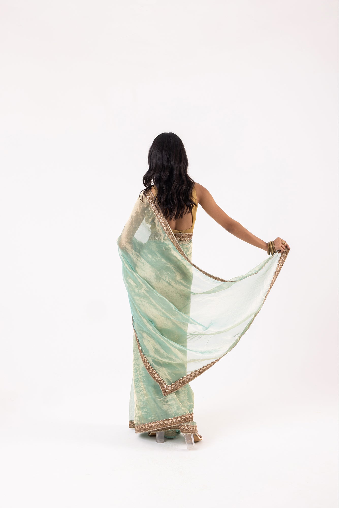 Sea Blue Silk Organza Tissue Saree