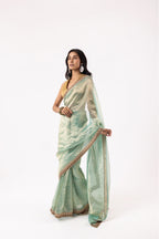 Sea Blue Silk Organza Tissue Saree