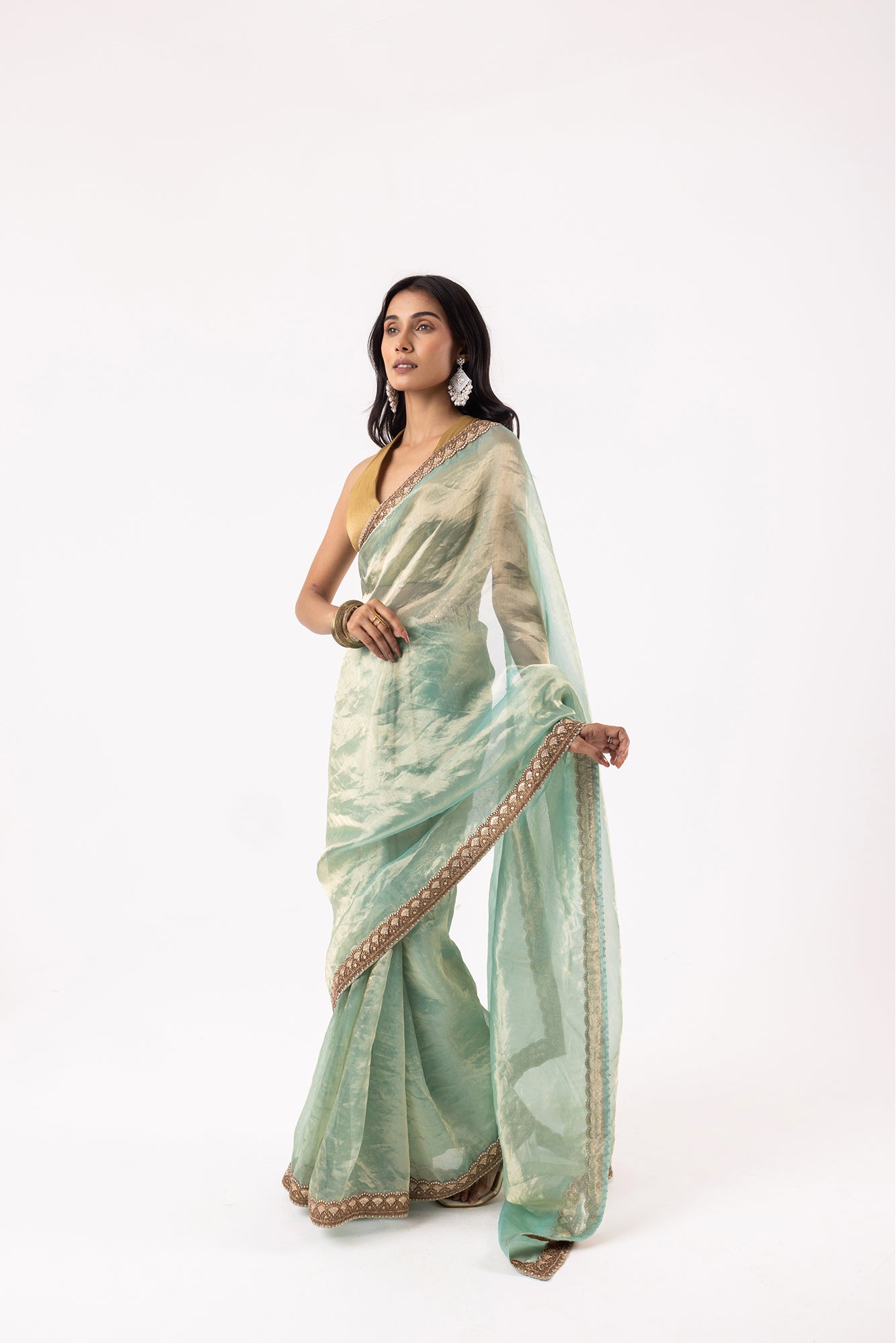 Sea Blue Silk Organza Tissue Saree