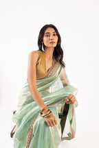 Sea Blue Silk Organza Tissue Saree