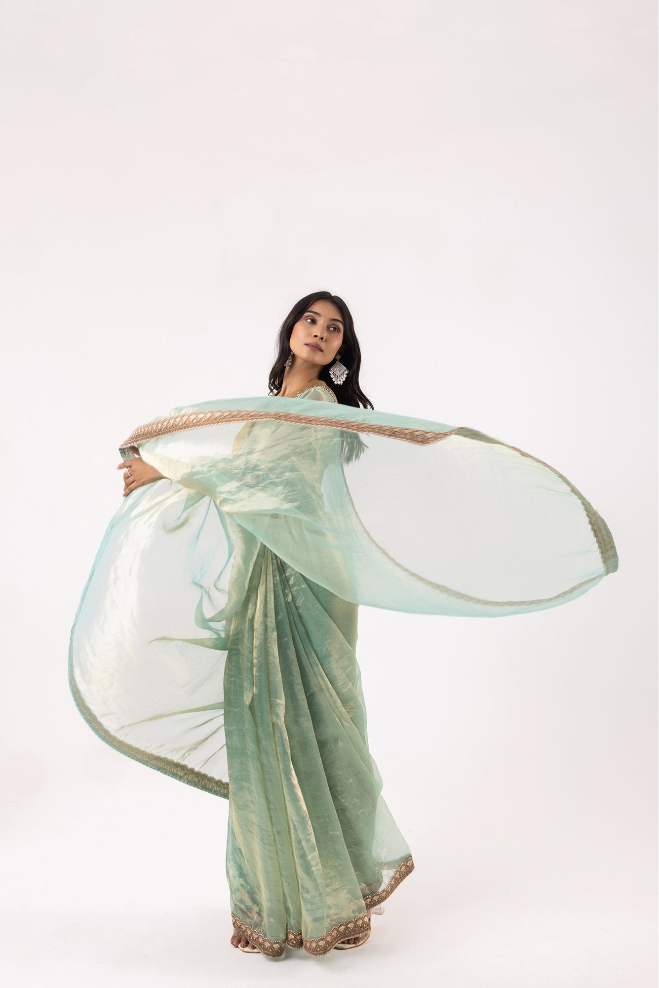 Sea Blue Silk Organza Tissue Saree