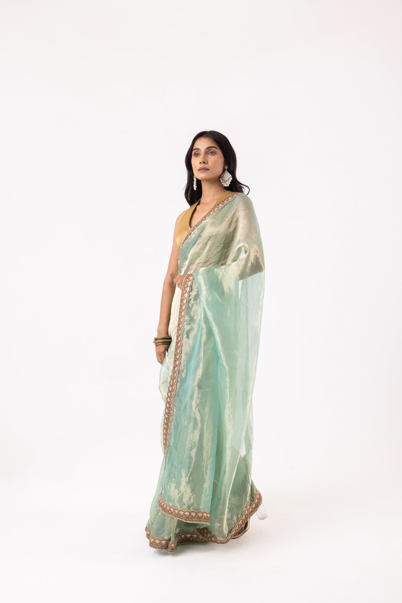 Sea Blue Silk Organza Tissue Saree