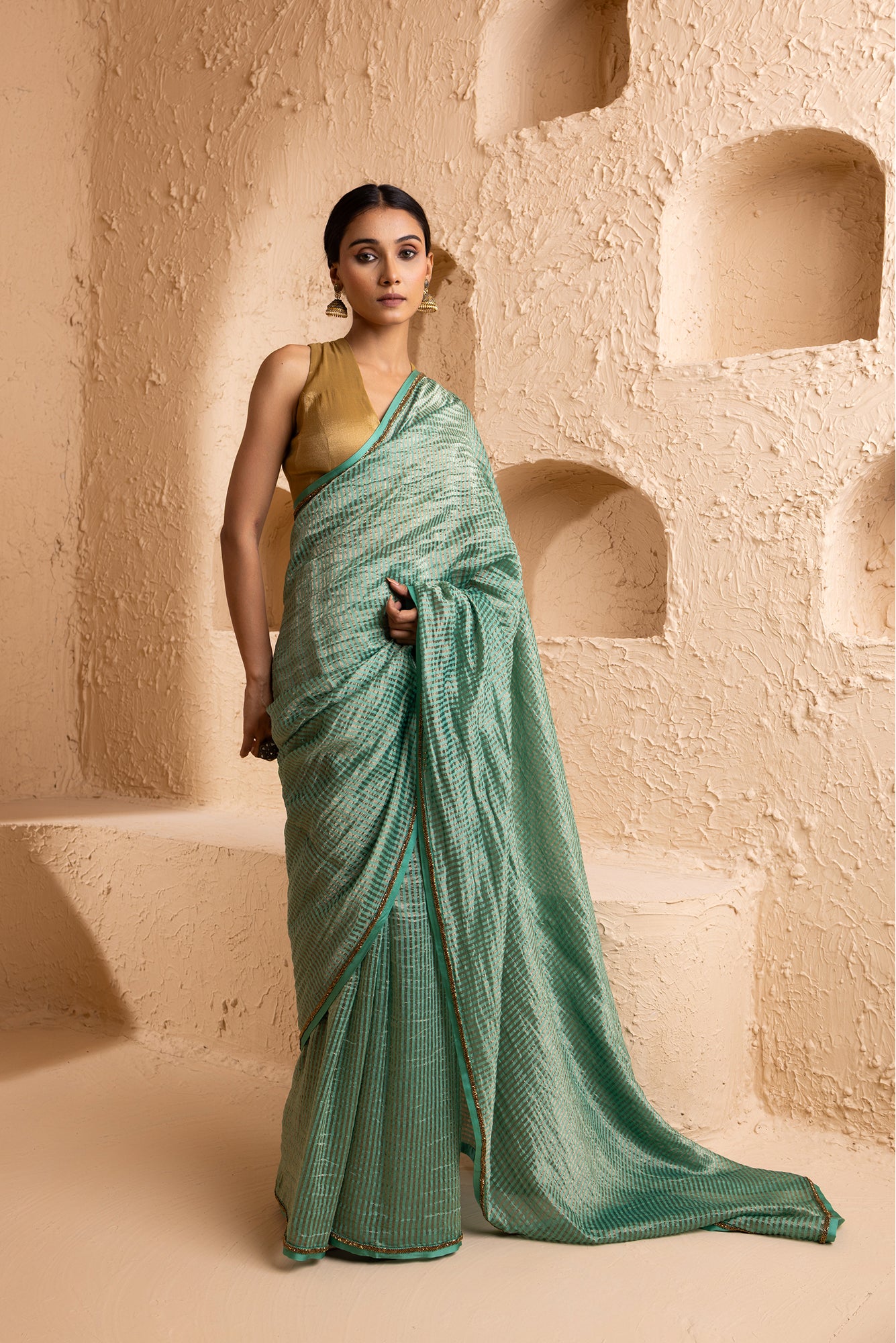 Jade Mint Pure Zari Stripes Saree