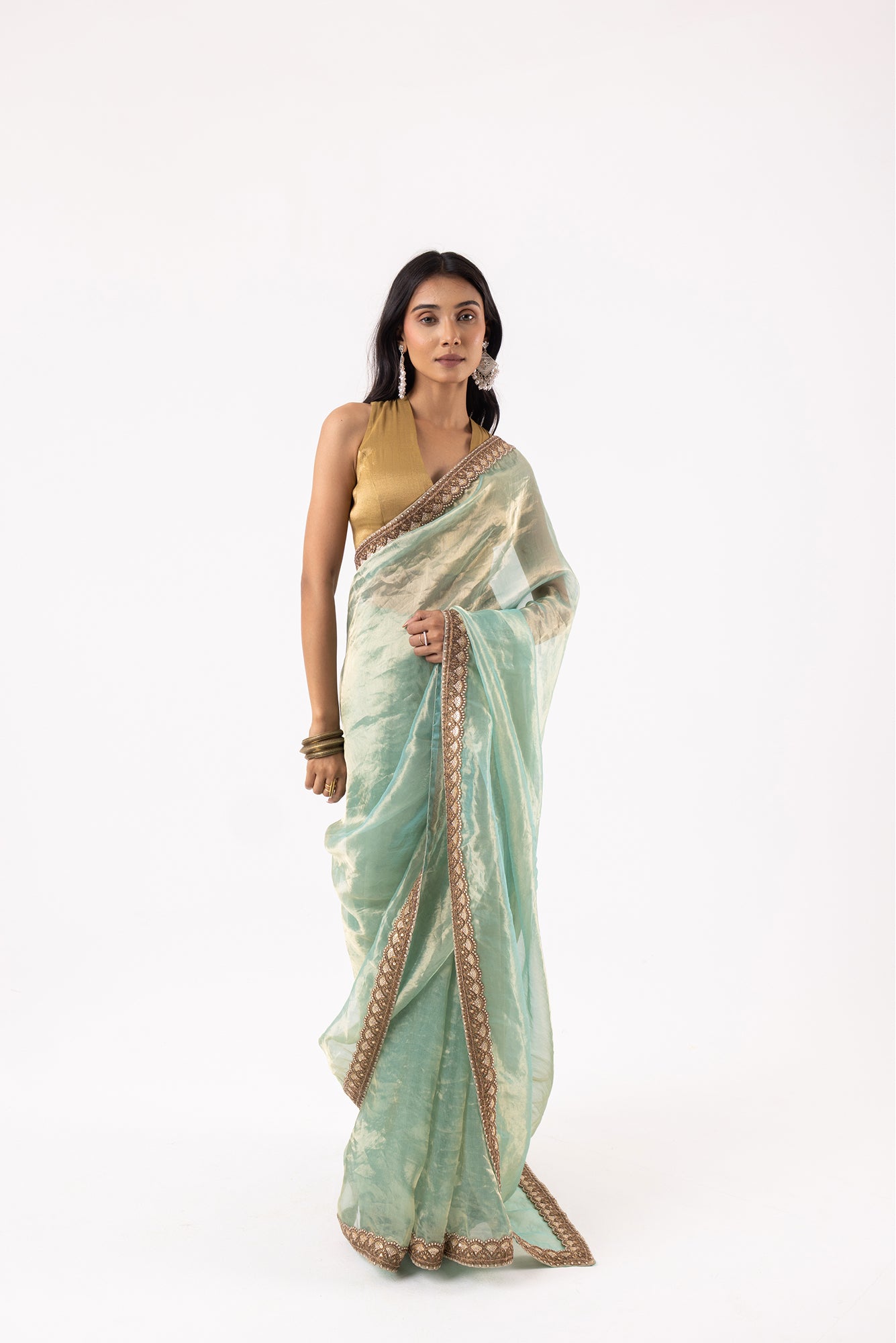 Sea Blue Silk Organza Tissue Saree