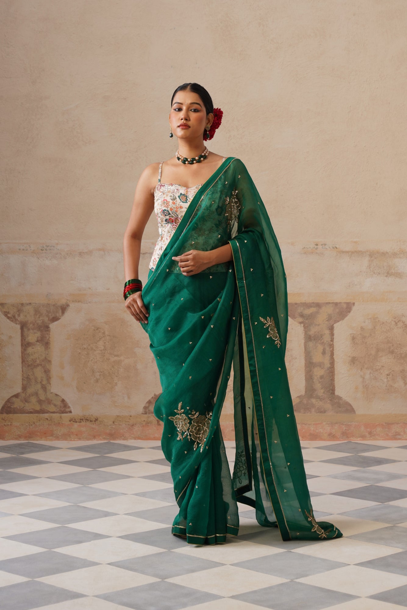 Gulbagh Emerald Green Organza Saree