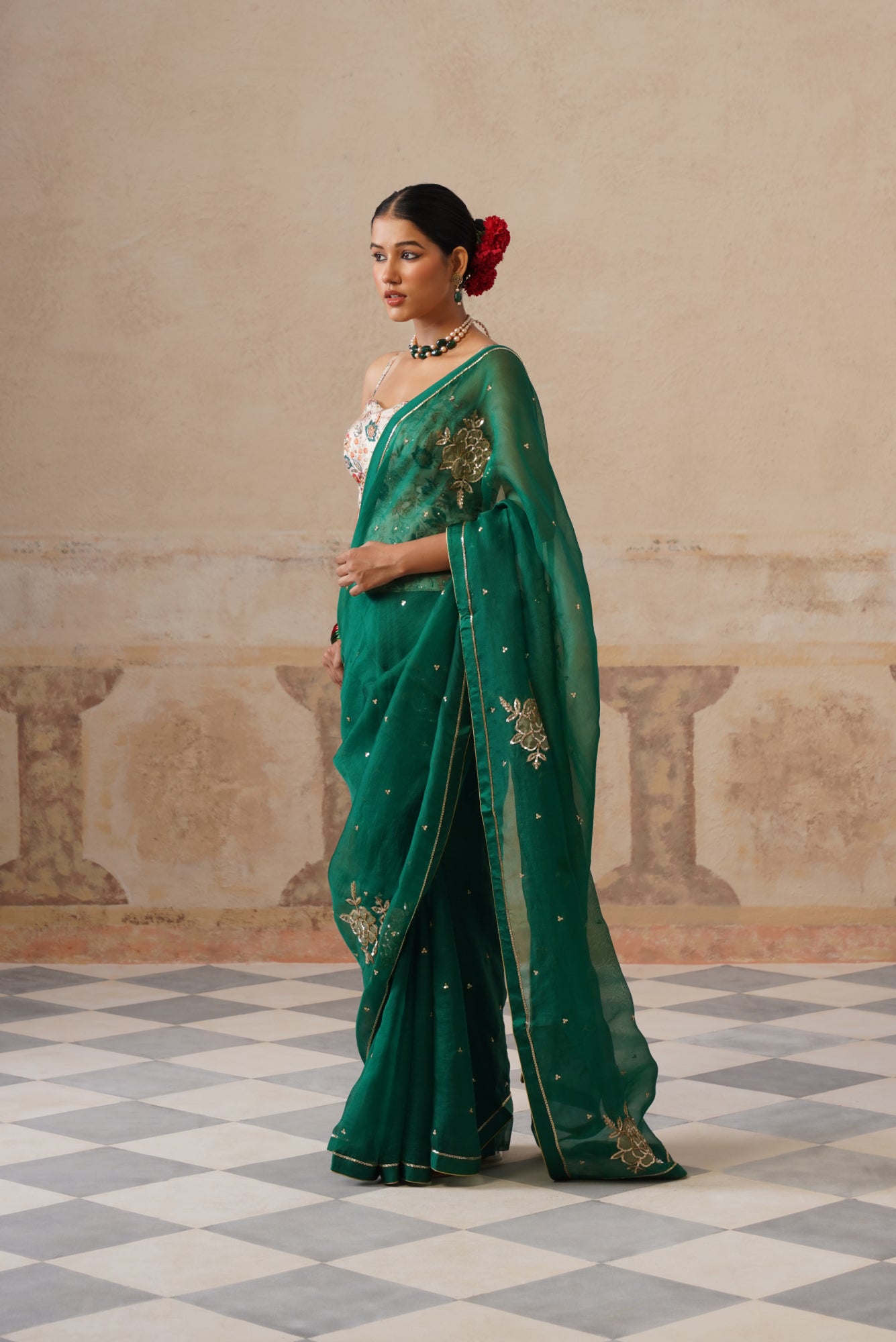Gulbagh Emerald Green Organza Saree