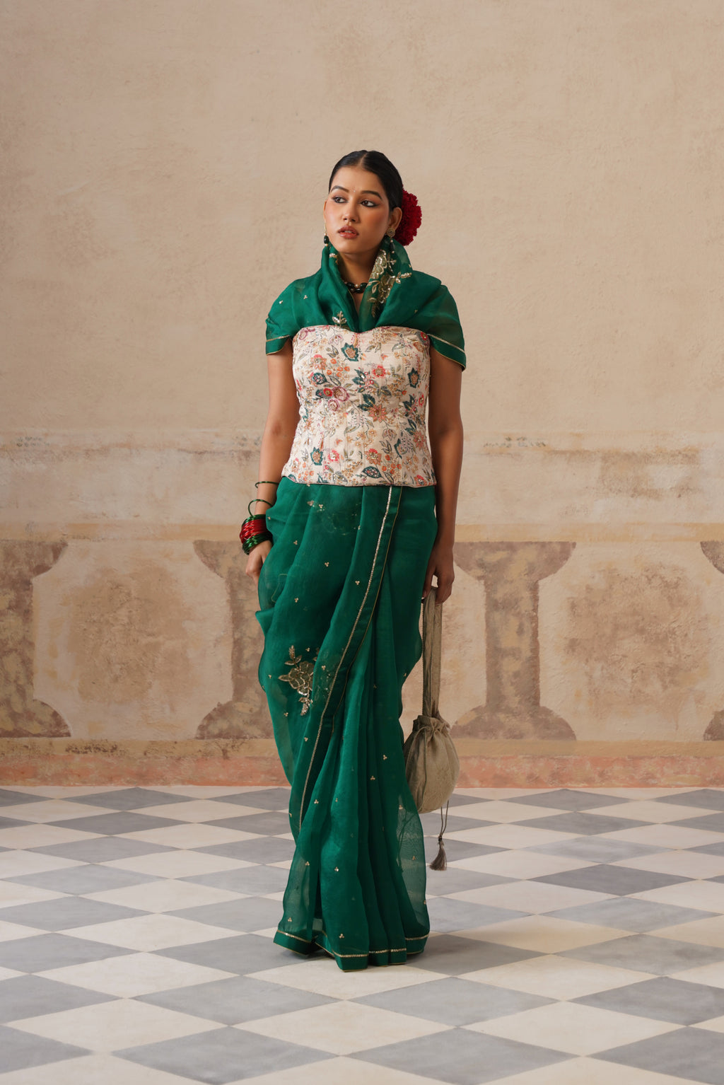 Gulbagh Emerald Green Organza Saree