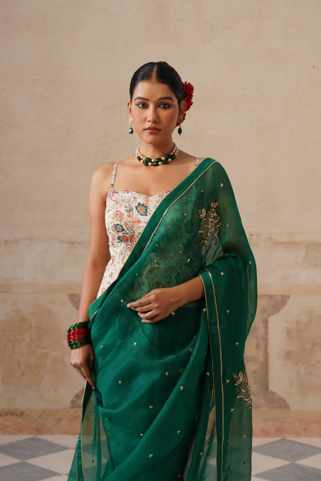 Gulbagh Emerald Green Organza Saree