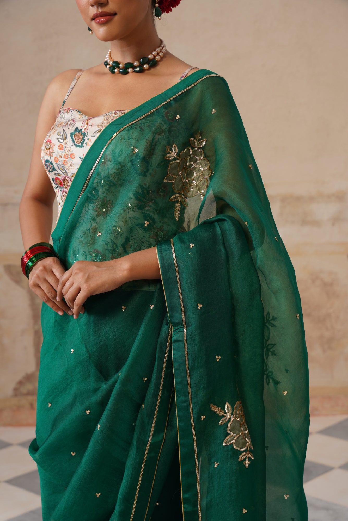 Gulbagh Emerald Green Organza Saree