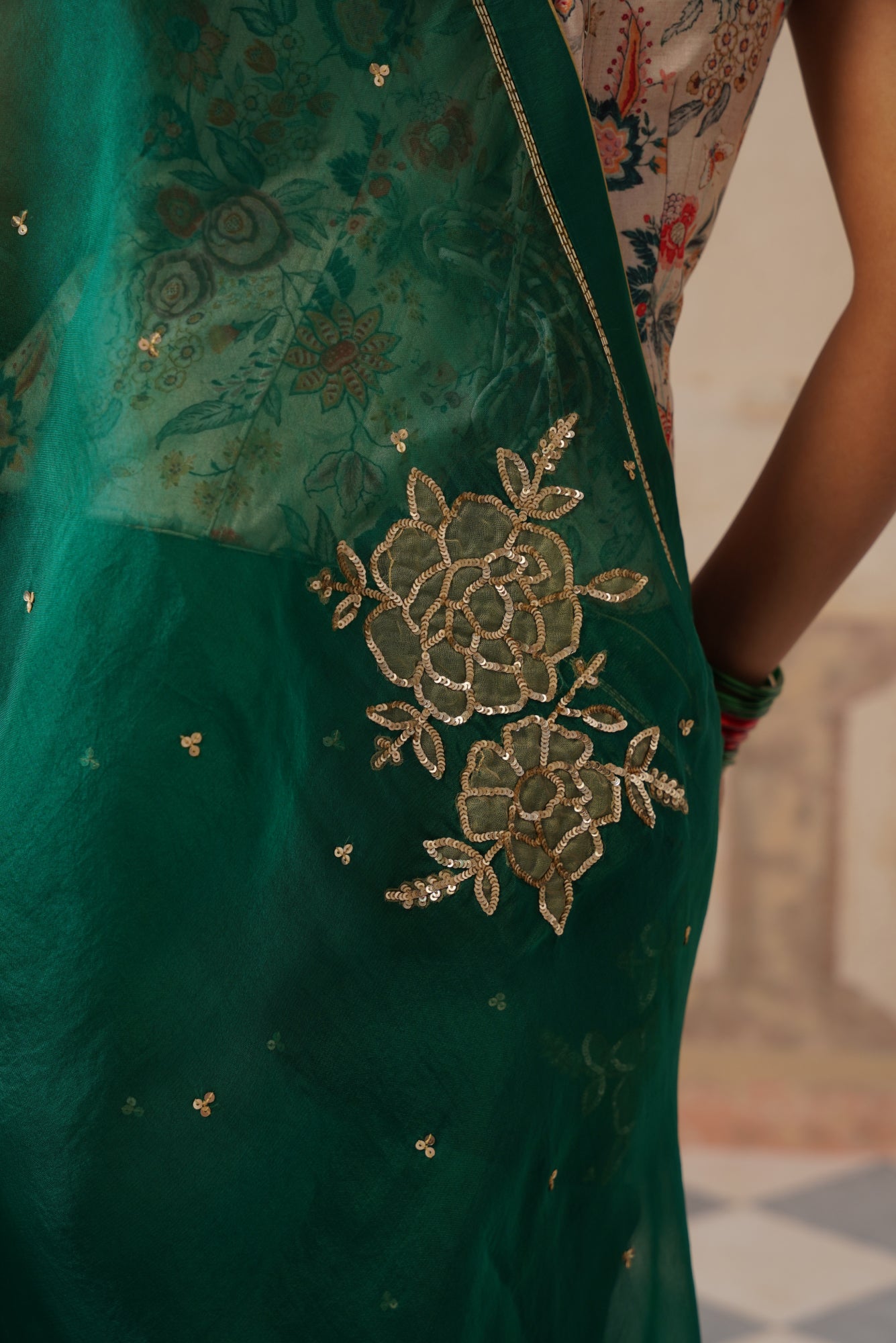 Gulbagh Emerald Green Organza Saree