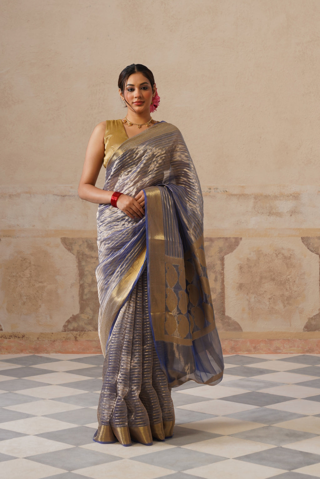 Navy Blue Silk Tissue Stripes Saree