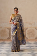 Navy Blue Silk Tissue Stripes Saree