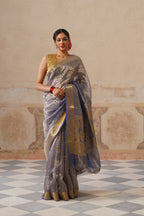 Navy Blue Silk Tissue Stripes Saree