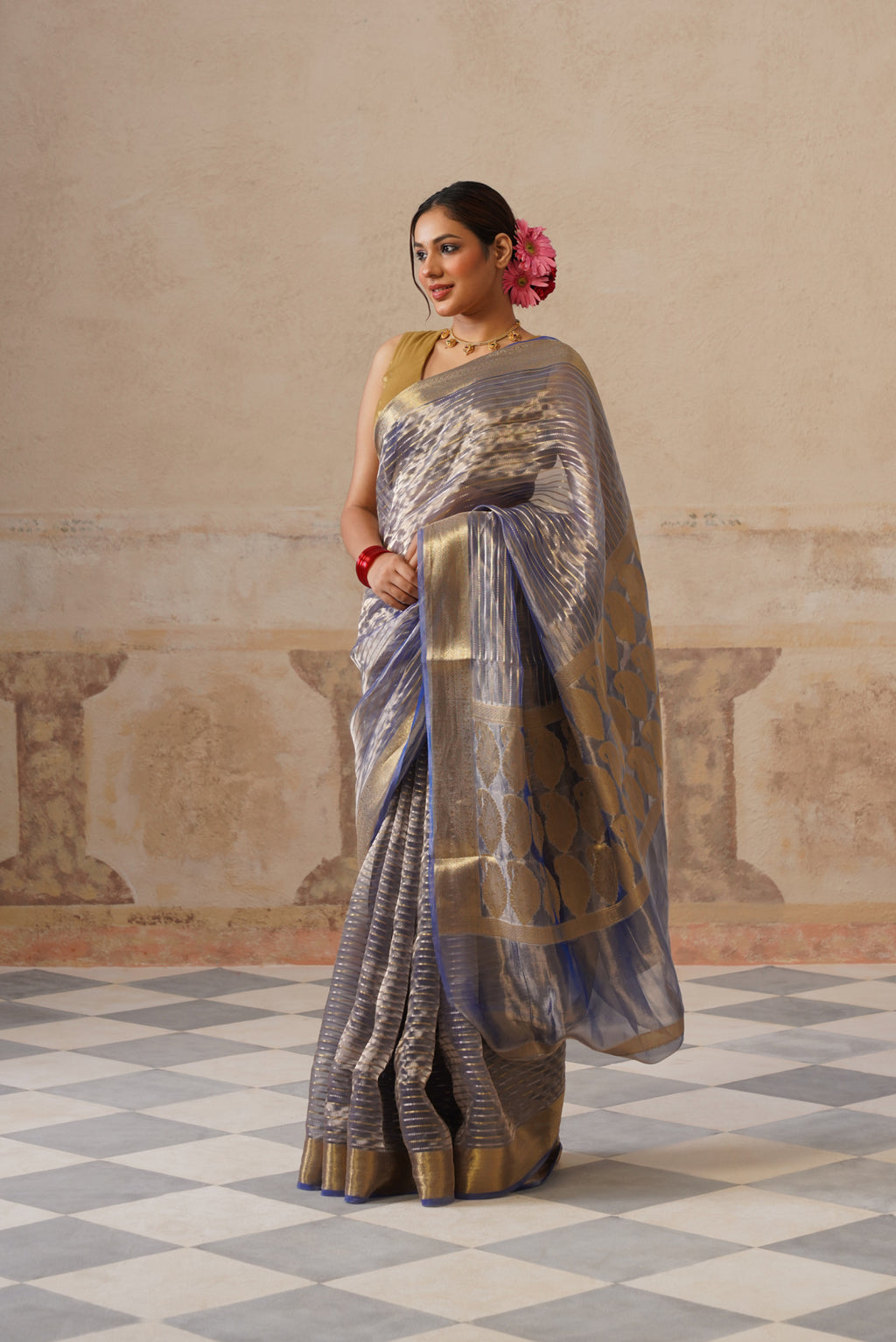 Navy Blue Silk Tissue Stripes Saree